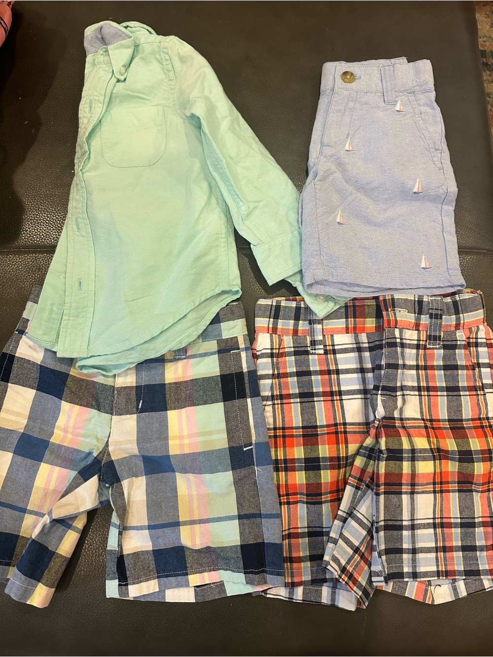 Janie and Jack Mint Green Shirt with Blue Plaid and Red Plaid Shorts